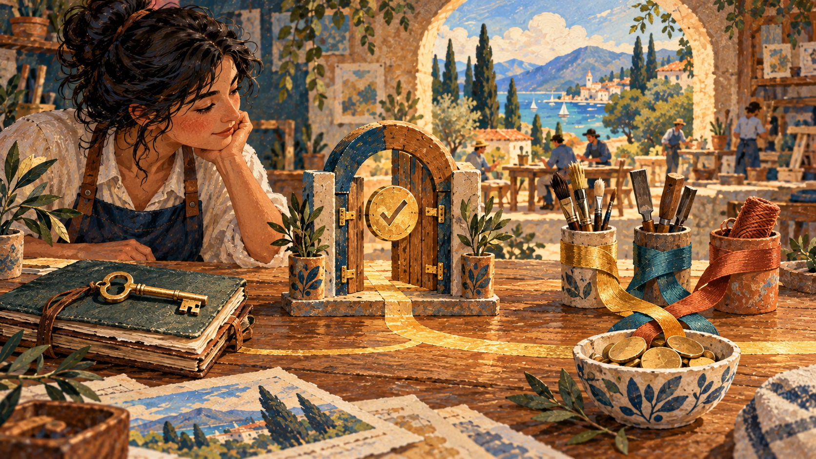 A key, an arched approval gate, and ribbons of contribution meeting a bowl of tokens on a workshop table, in a gouache illustration.
