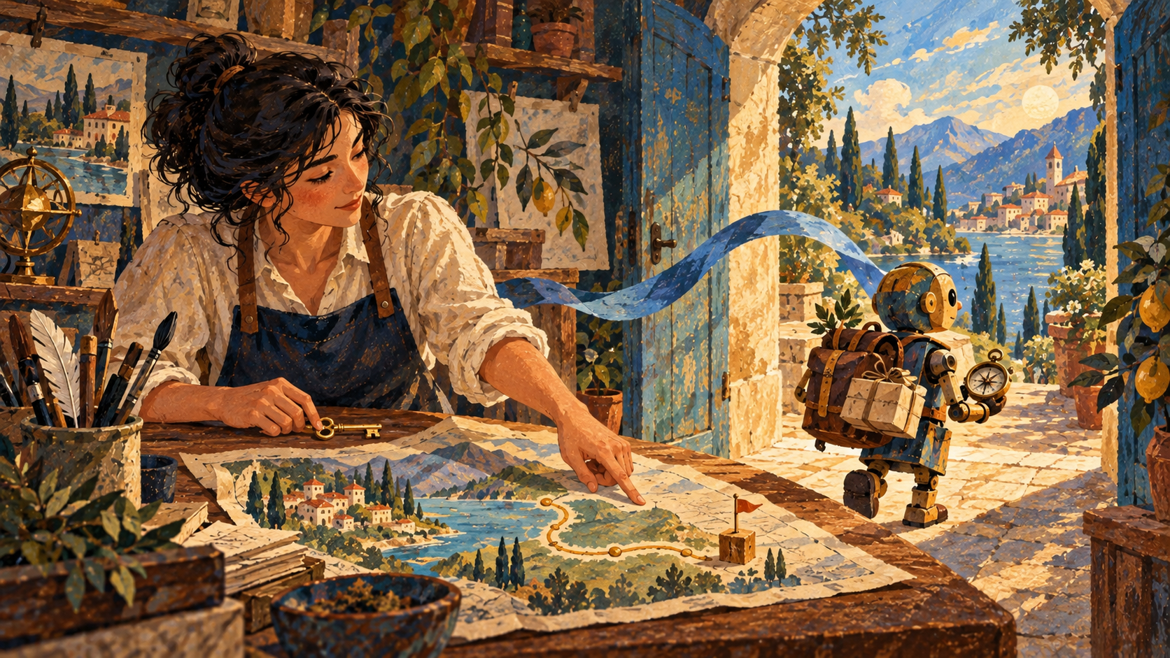 A builder sends a small handcrafted assistant out on a mapped route while the brass key stays with her, in a gouache illustration.