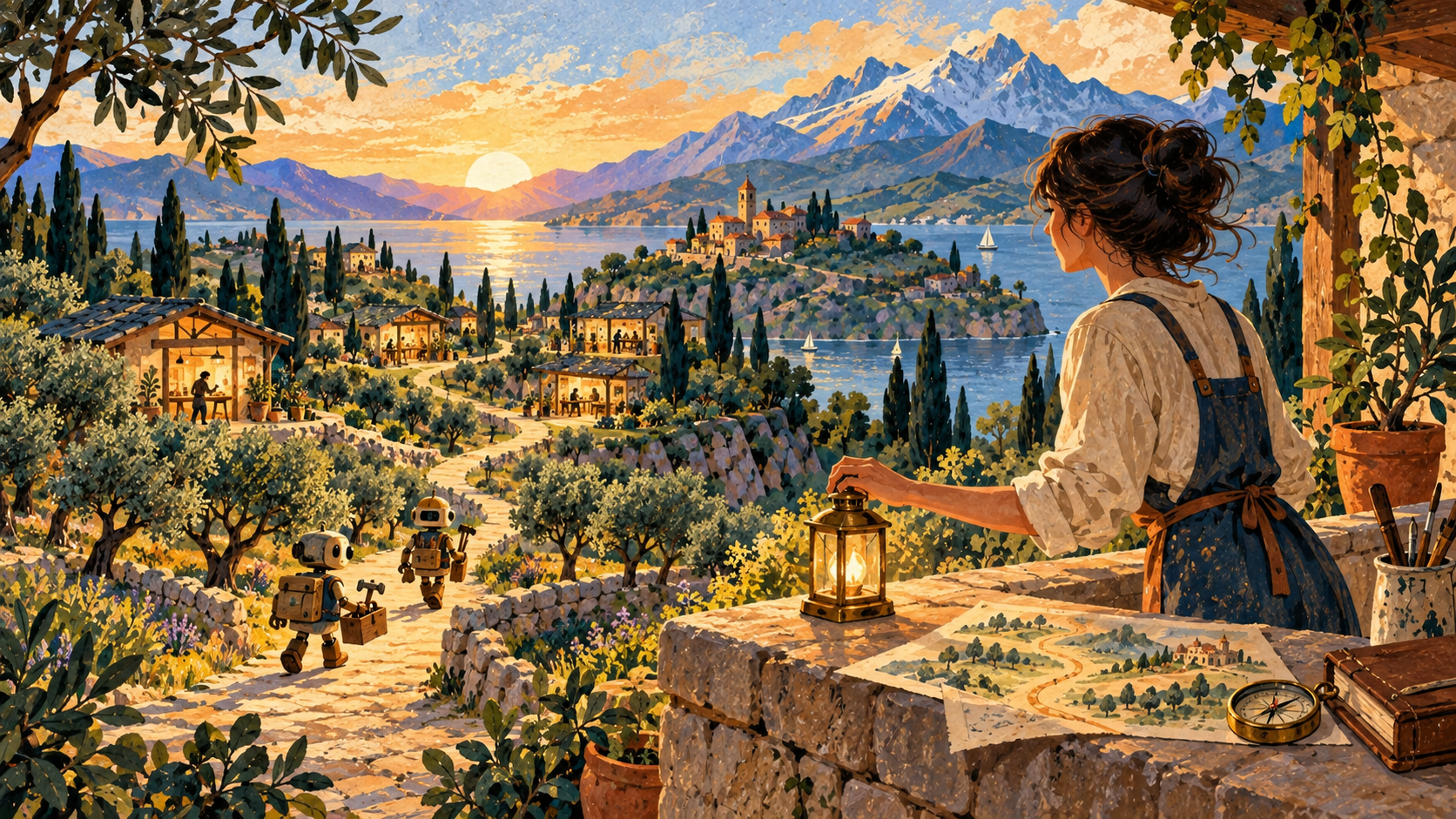 A builder places a lantern at the start of a golden path as two assistants set off toward a distant workshop village, in a gouache illustration.
